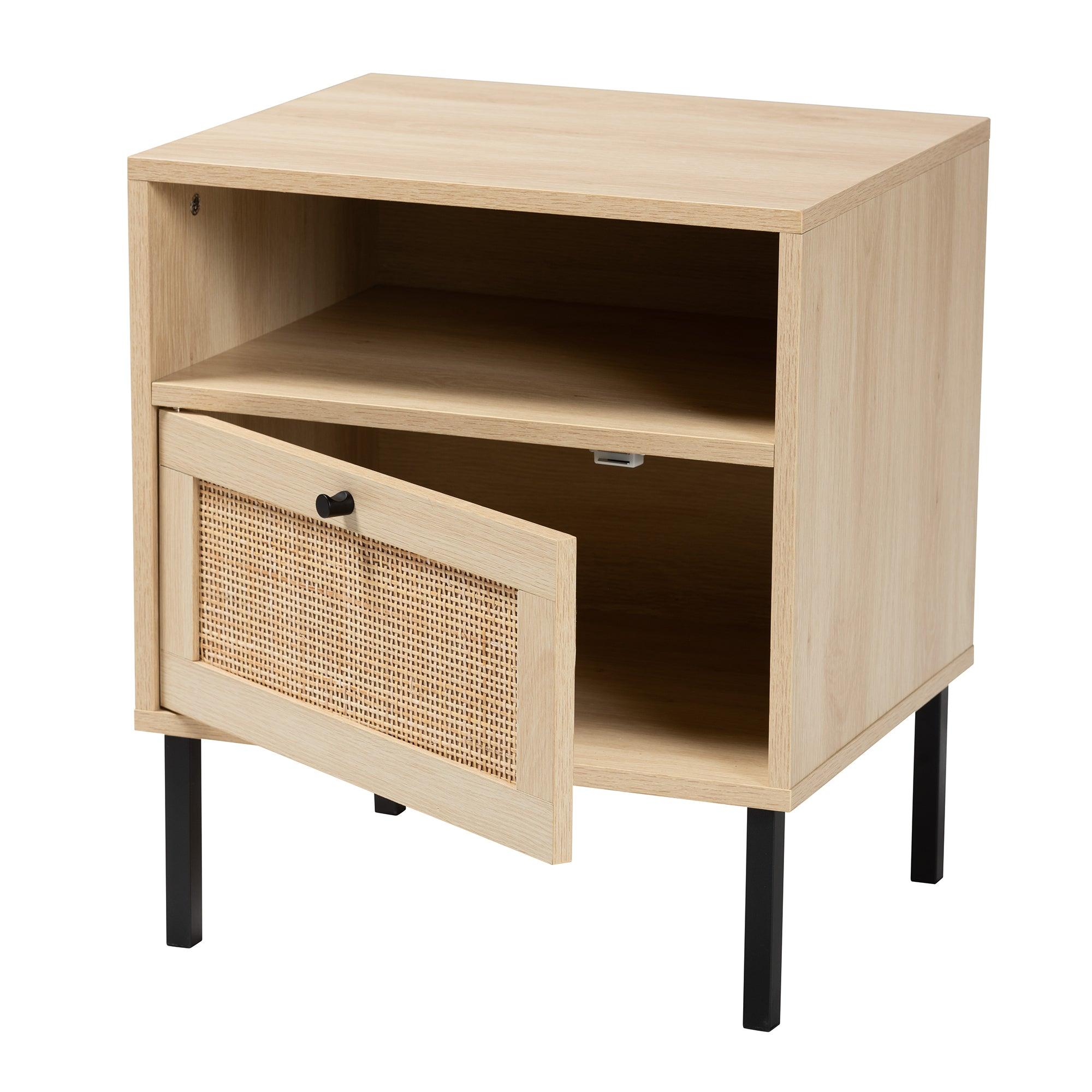 Caterina Mid-Century Modern Transitional Finished Wood and Rattan 1-Door End Table