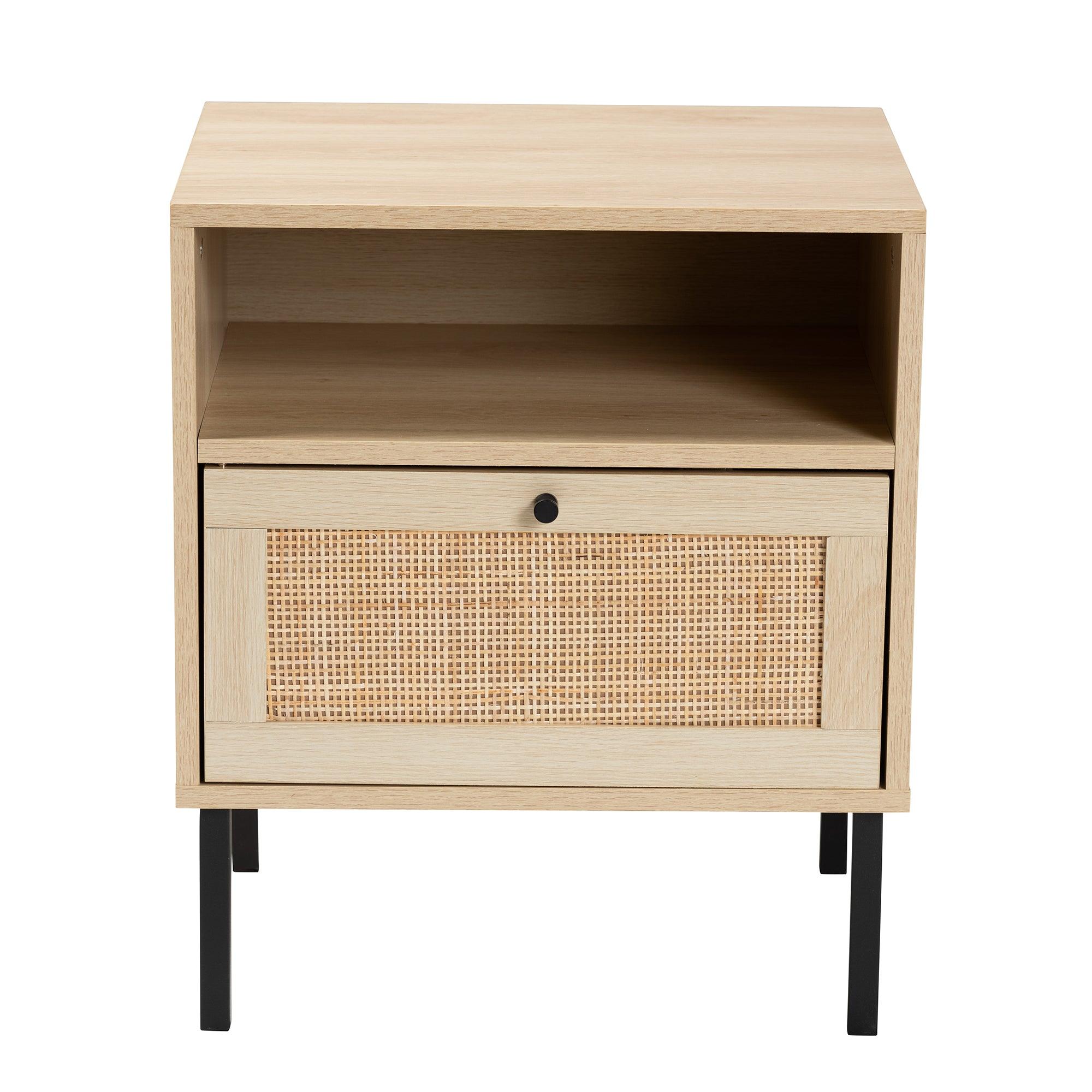 Caterina Mid-Century Modern Transitional Finished Wood and Rattan 1-Door End Table