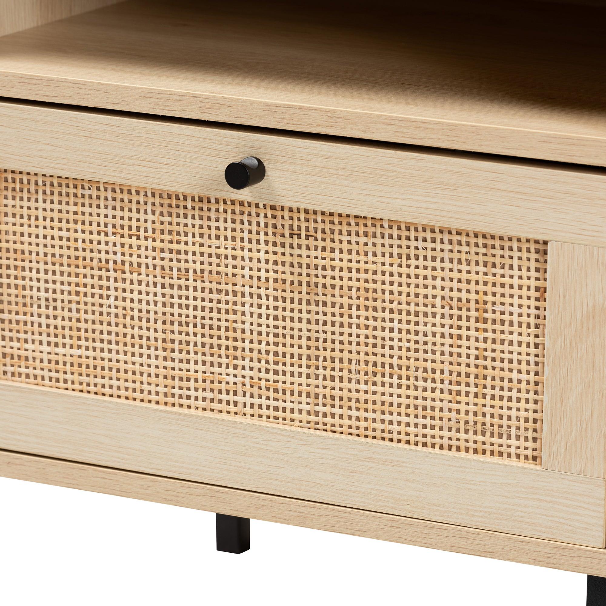 Caterina Mid-Century Modern Transitional Finished Wood and Rattan 1-Door End Table