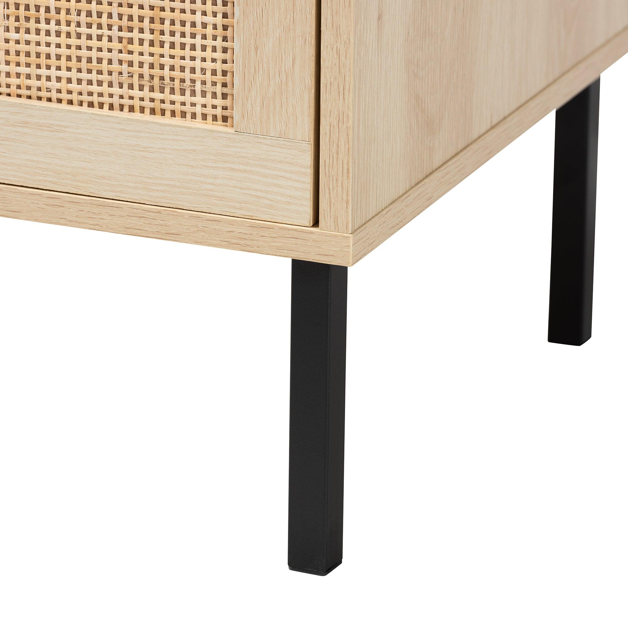 Caterina Mid-Century Modern Transitional Finished Wood and Rattan 1-Door End Table