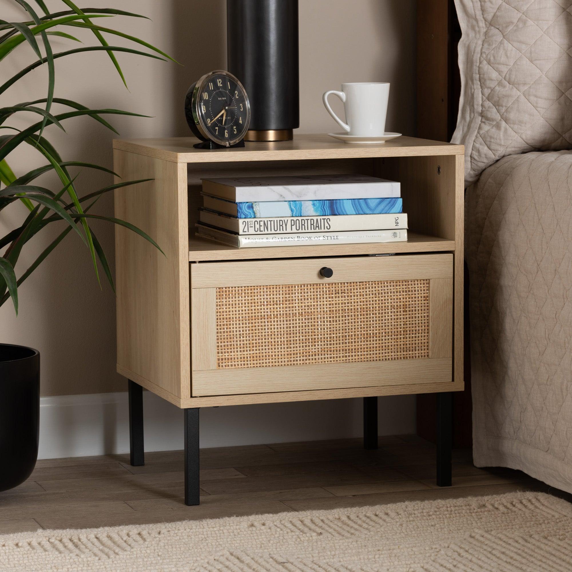 Caterina Mid-Century Modern Transitional Finished Wood and Rattan 1-Door End Table