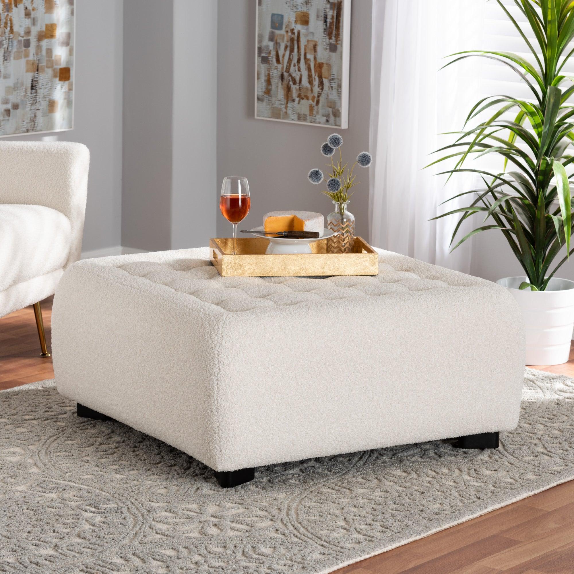 Athena Modern and Contemporary Boucle Upholstered and Finished Wood Square Ottoman