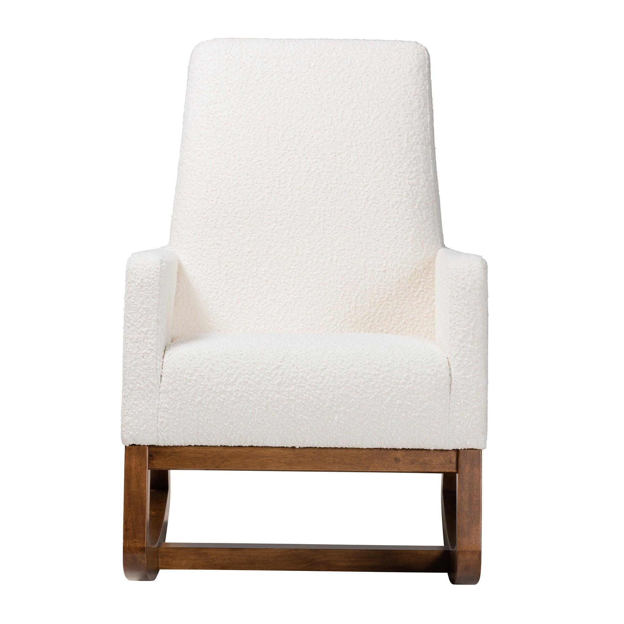 Yashiya Mid-Century Modern Off- Boucle Upholstered and Finished Wood Rocking Chair