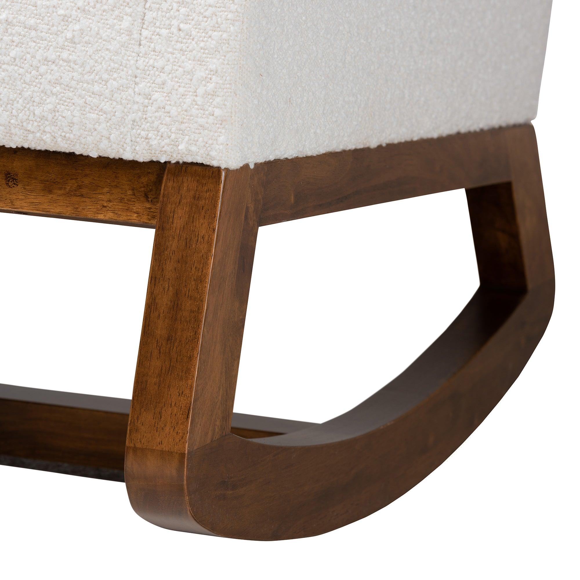 Yashiya Mid-Century Modern Off- Boucle Upholstered and Finished Wood Rocking Chair