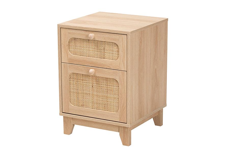 Elsbeth Mid-Century Modern Light Finished Wood and Rattan 1-Drawer End Table
