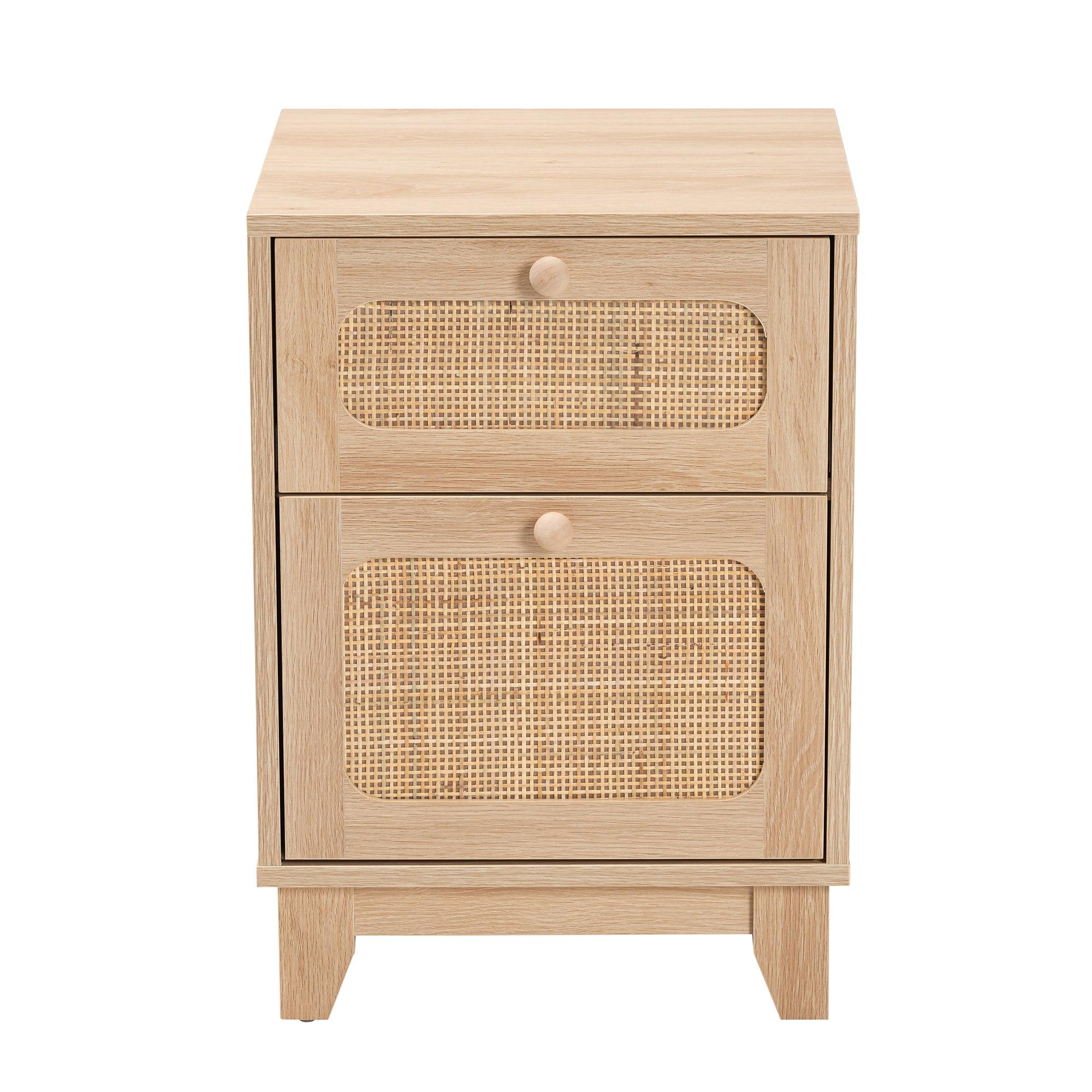 Elsbeth Mid-Century Modern Light Finished Wood and Rattan 1-Drawer End Table