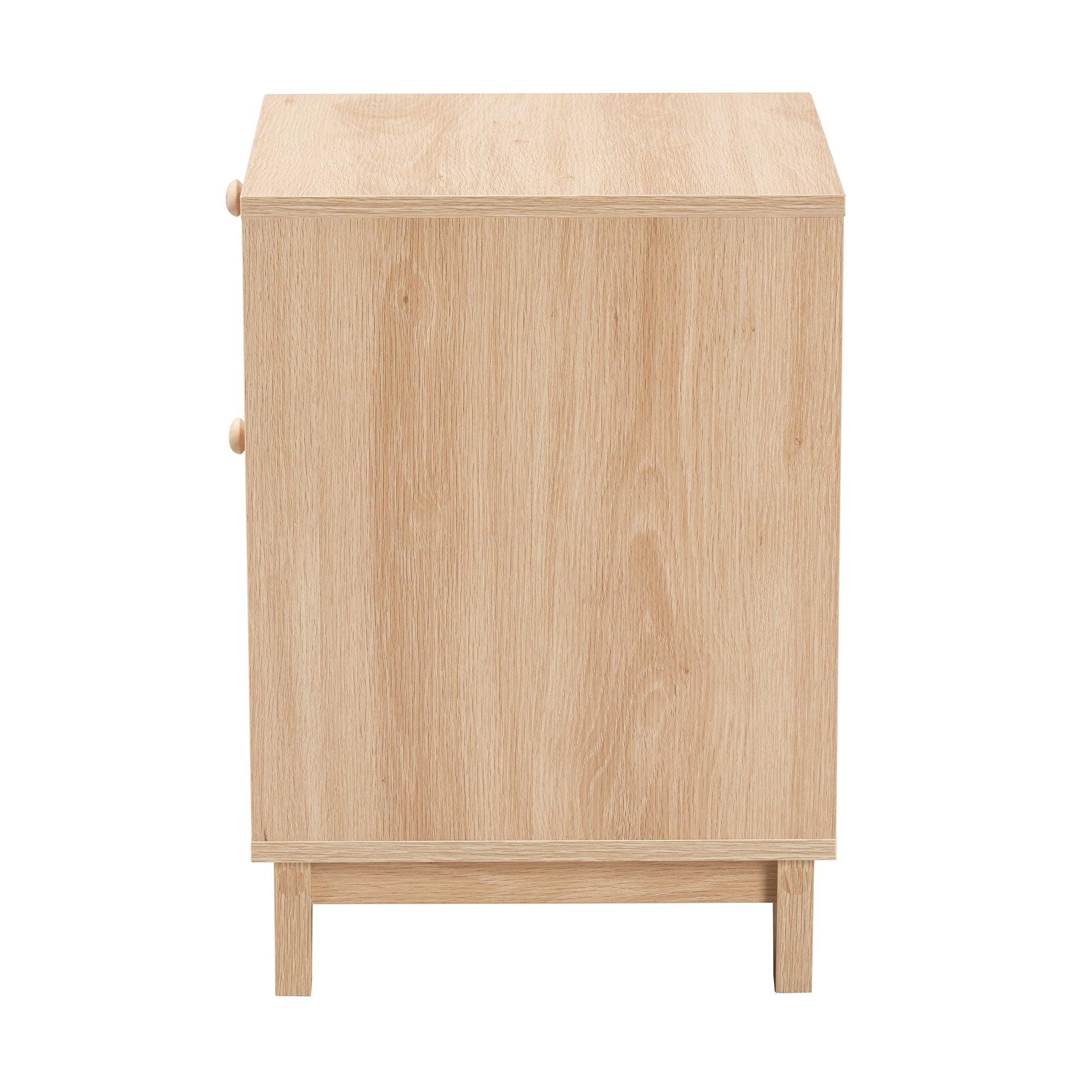 Elsbeth Mid-Century Modern Light Finished Wood and Rattan 1-Drawer End Table
