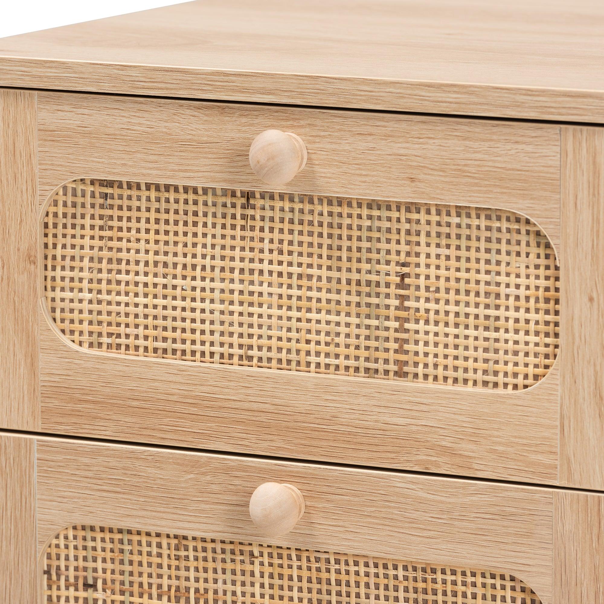 Elsbeth Mid-Century Modern Light Finished Wood and Rattan 1-Drawer End Table