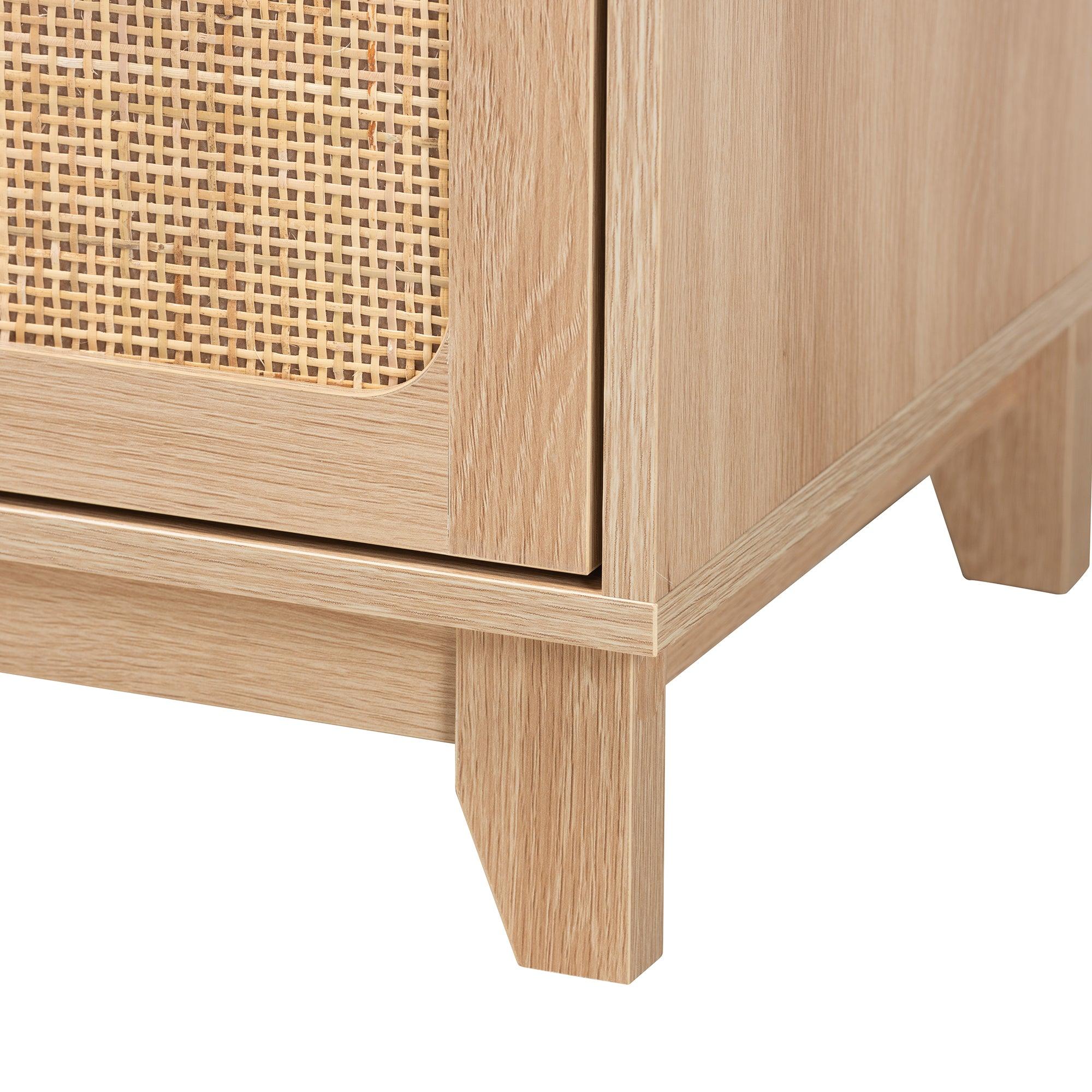 Elsbeth Mid-Century Modern Light Finished Wood and Rattan 1-Drawer End Table