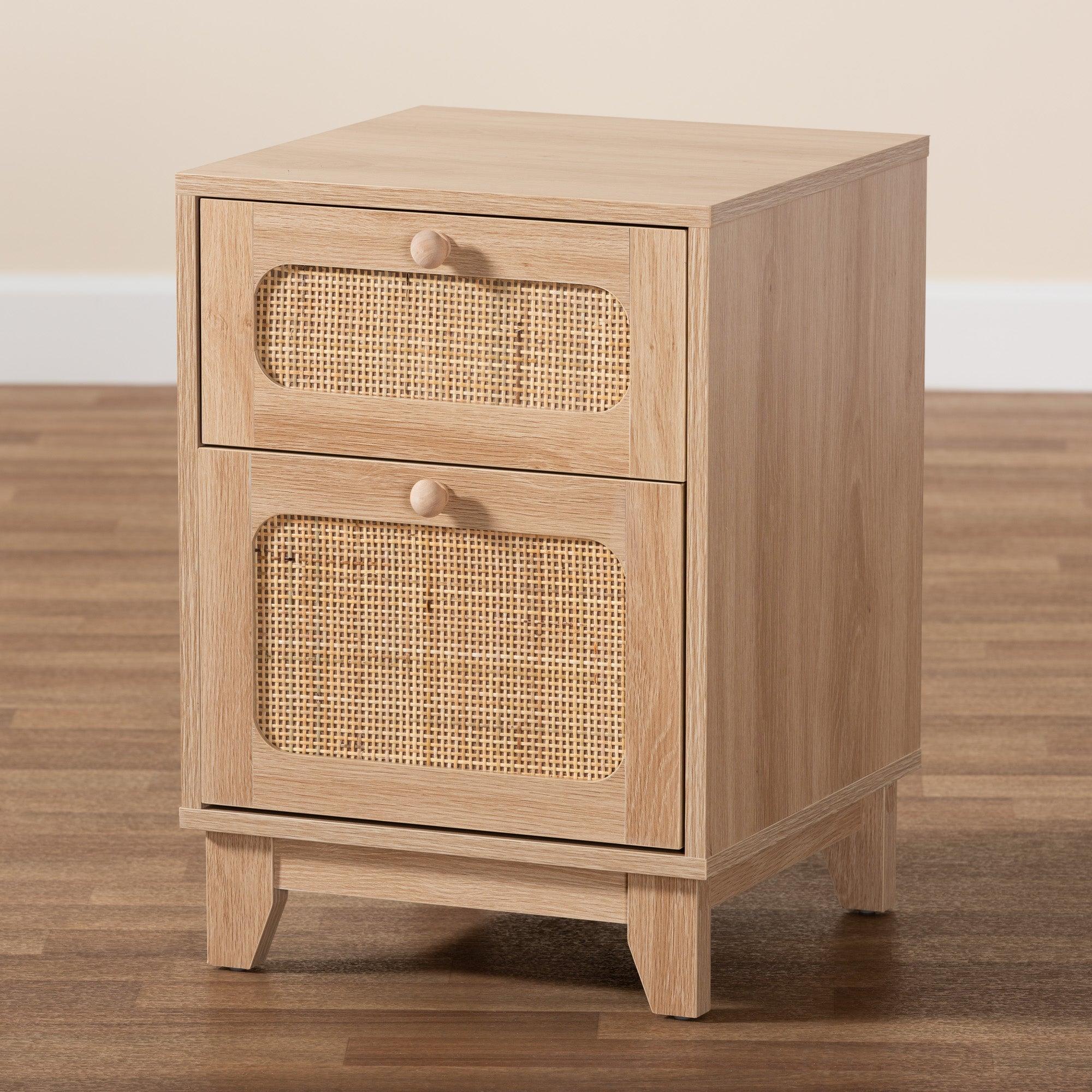 Elsbeth Mid-Century Modern Light Finished Wood and Rattan 1-Drawer End Table