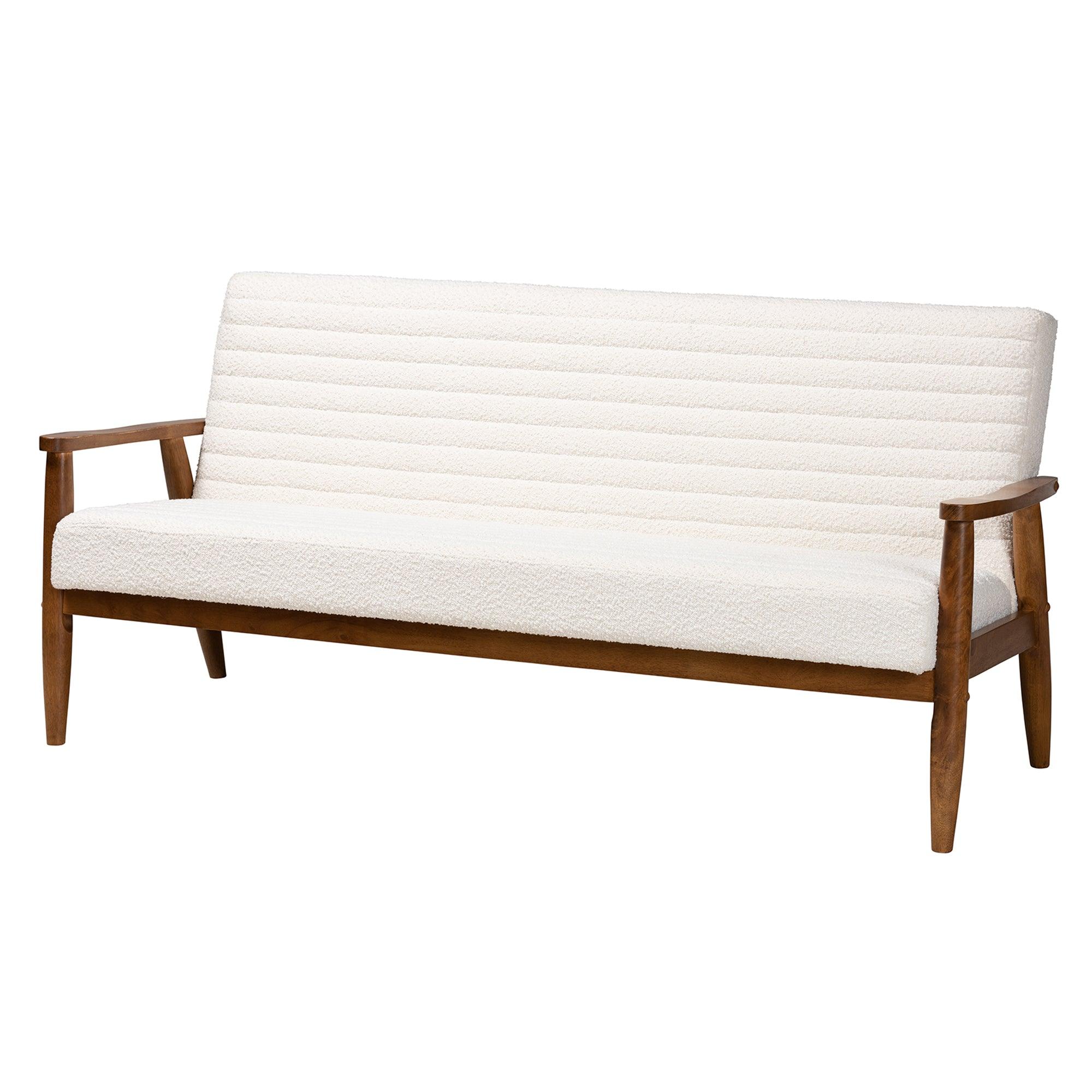 Stratton Mid-Century Modern Cream Boucle Fabric and Finished Wood 3-Piece Living Room Set