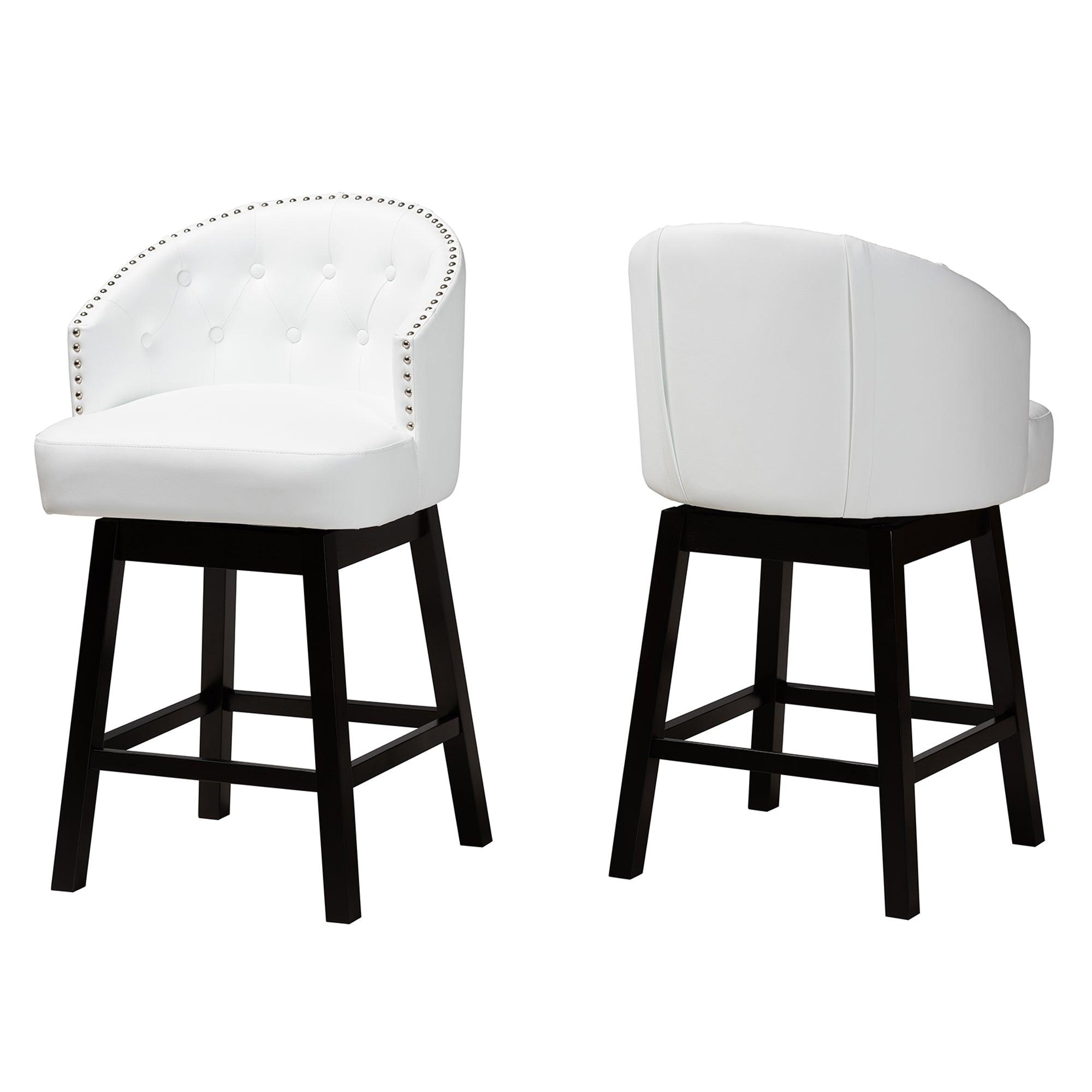 Theron Mid-Century Transitional Faux Leather and Espresso Finished Wood 2-Piece Swivel Counter Stool Set