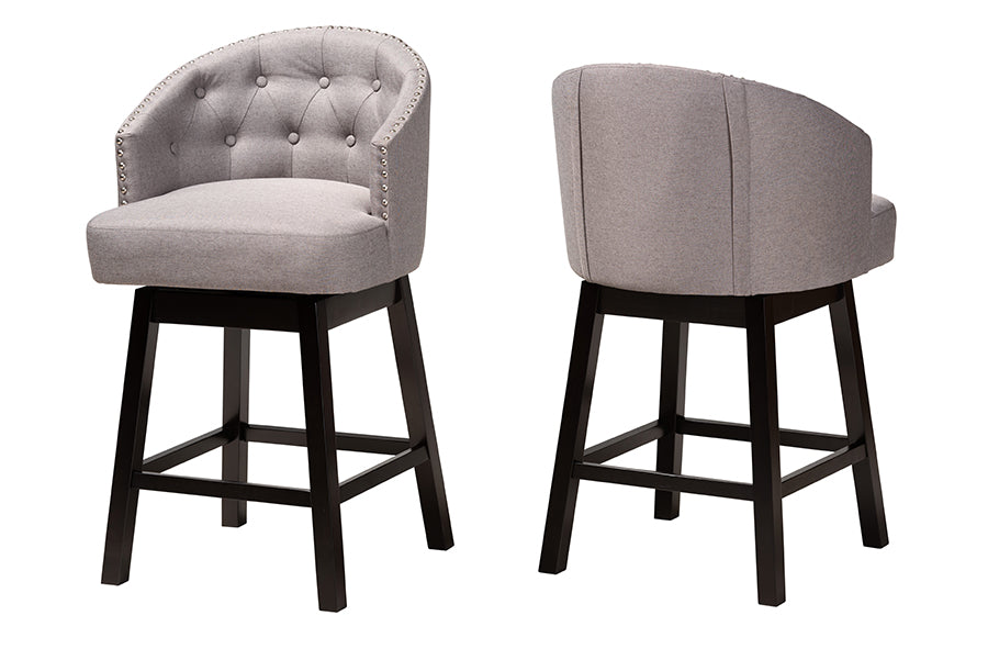 Theron Mid-Century Transitional Fabric and Finished Wood 2-Piece Swivel Counter Stool Set
