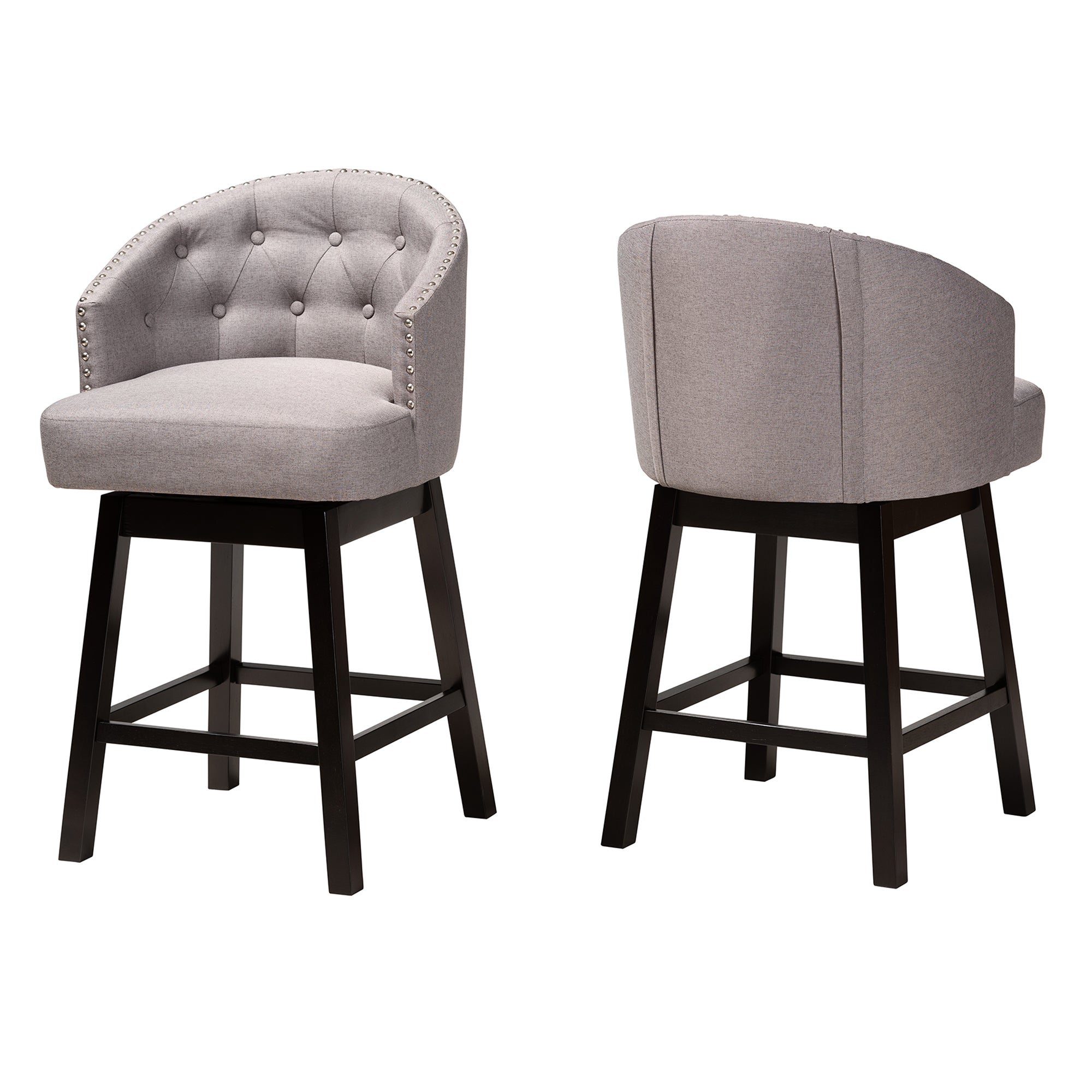 Theron Mid-Century Transitional Fabric and Finished Wood 2-Piece Swivel Counter Stool Set