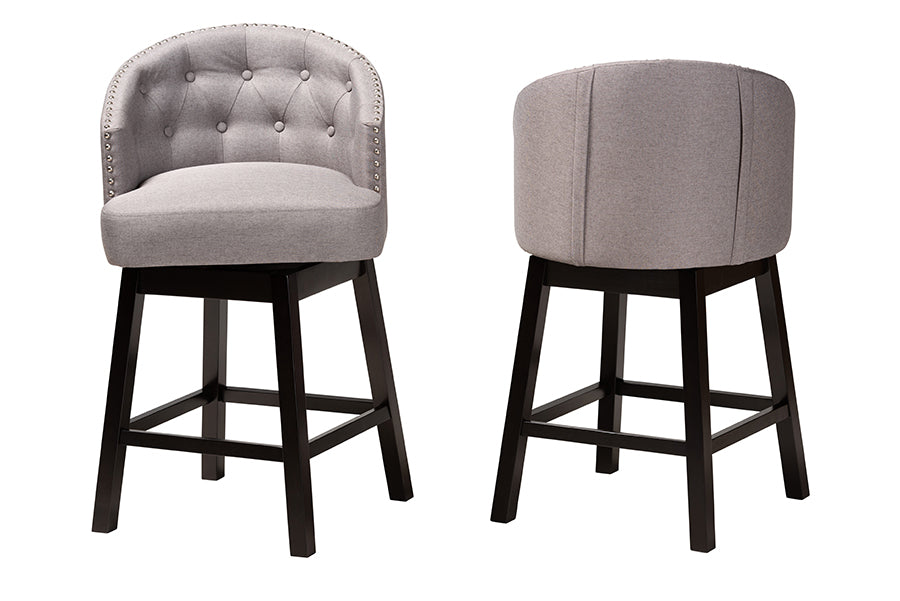 Theron Mid-Century Transitional Fabric and Finished Wood 2-Piece Swivel Counter Stool Set