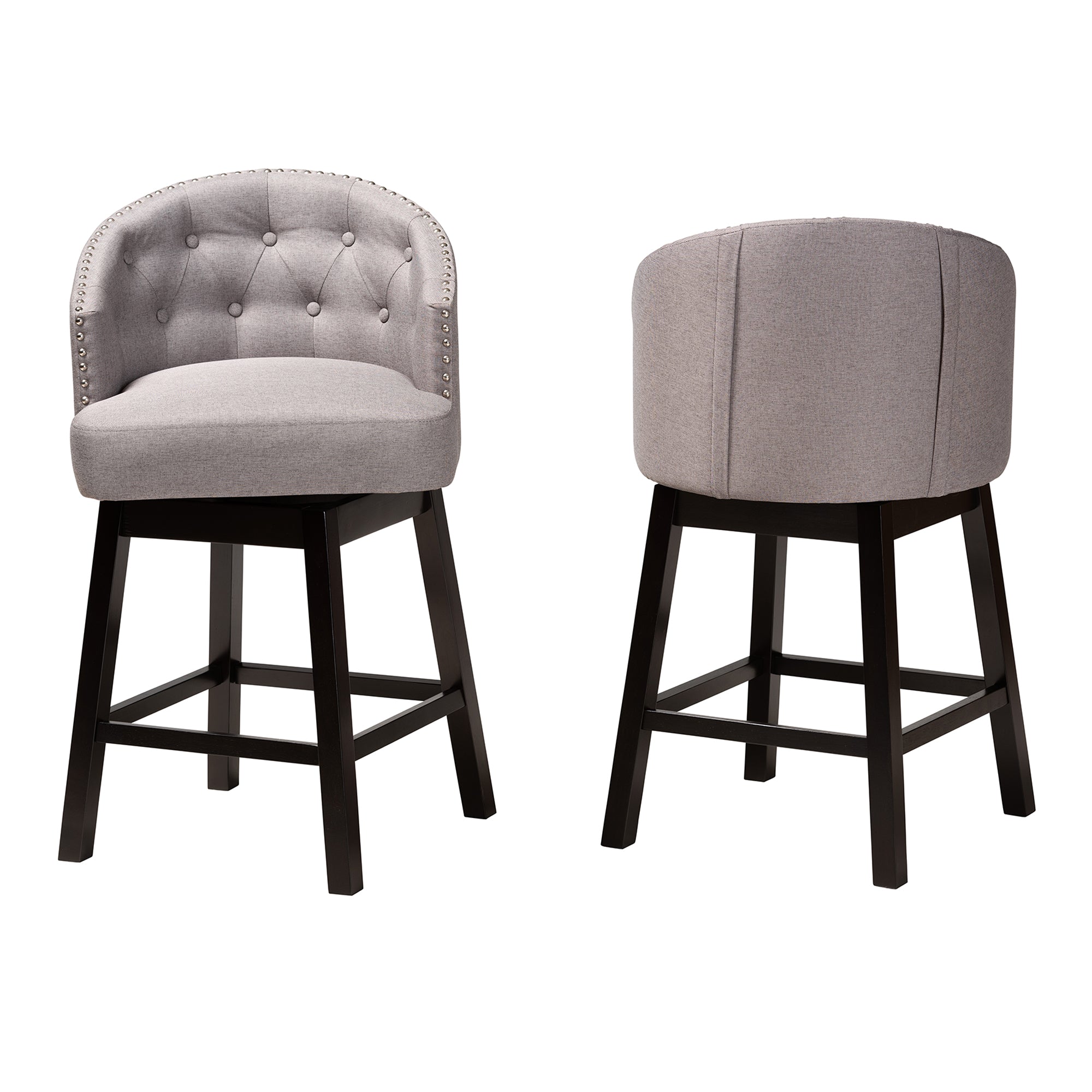 Theron Mid-Century Transitional Fabric and Finished Wood 2-Piece Swivel Counter Stool Set