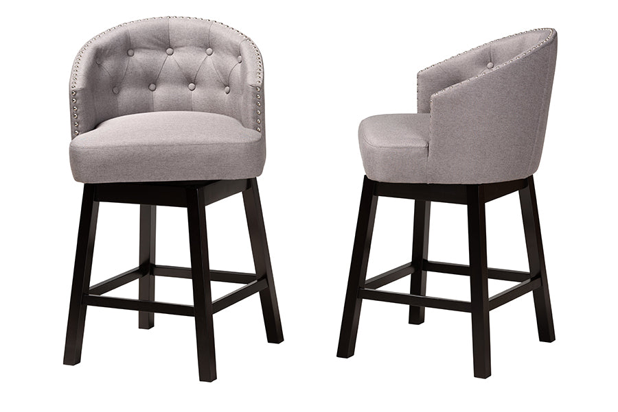Theron Mid-Century Transitional Fabric and Finished Wood 2-Piece Swivel Counter Stool Set