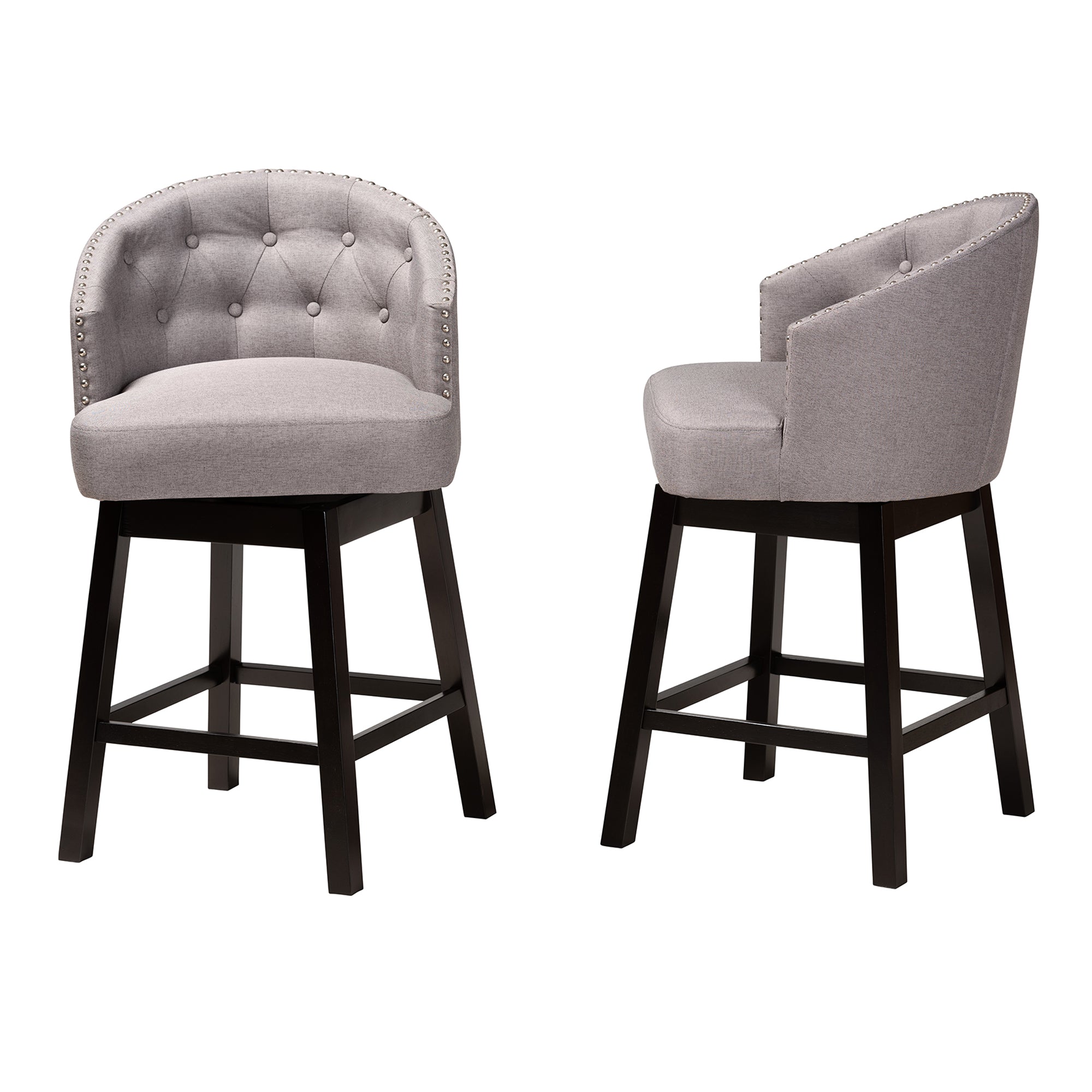 Theron Mid-Century Transitional Fabric and Finished Wood 2-Piece Swivel Counter Stool Set
