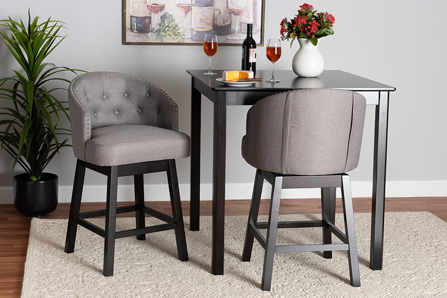 Theron Mid-Century Transitional Fabric and Finished Wood 2-Piece Swivel Counter Stool Set