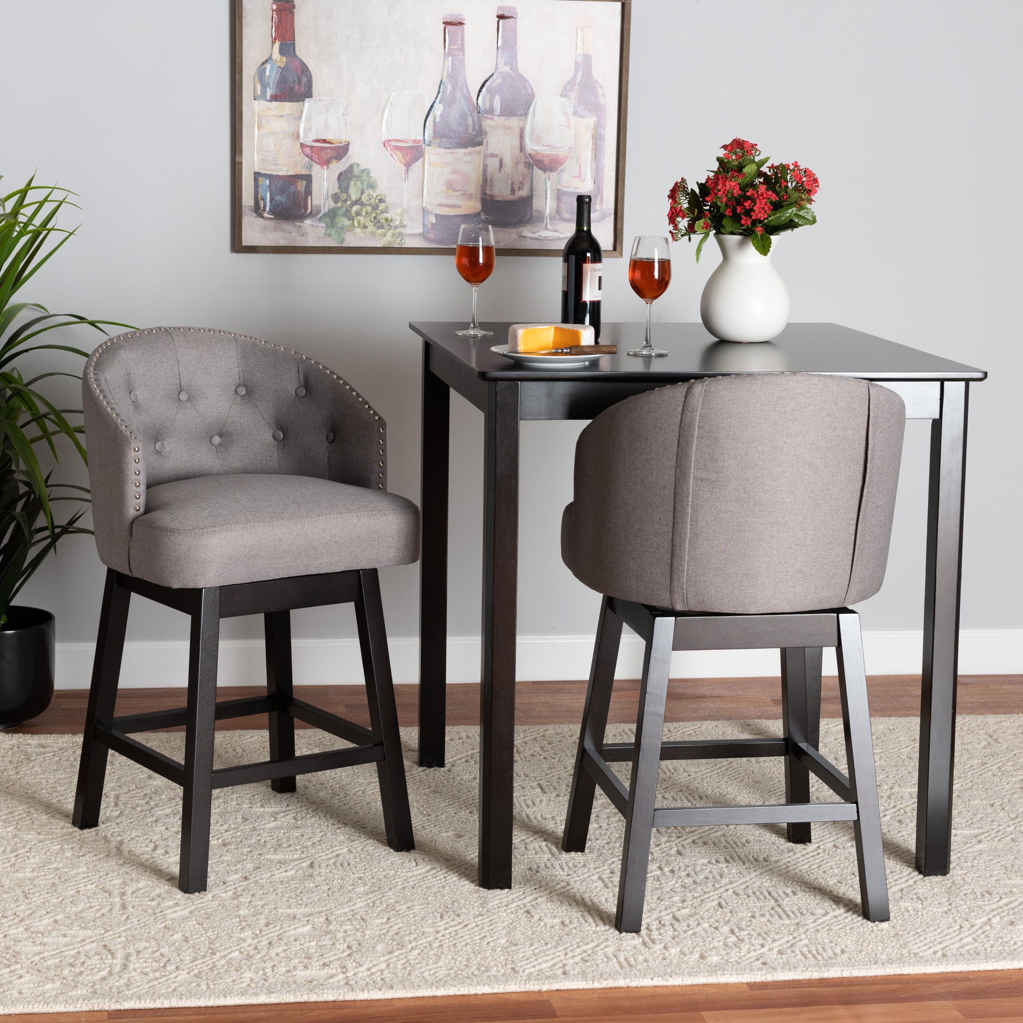 Theron Mid-Century Transitional Fabric and Finished Wood 2-Piece Swivel Counter Stool Set