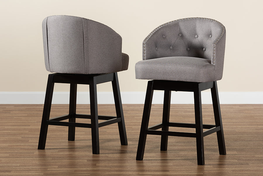 Theron Mid-Century Transitional Fabric and Finished Wood 2-Piece Swivel Counter Stool Set