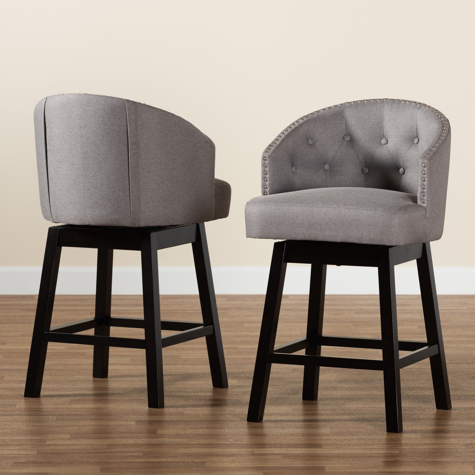 Theron Mid-Century Transitional Fabric and Finished Wood 2-Piece Swivel Counter Stool Set