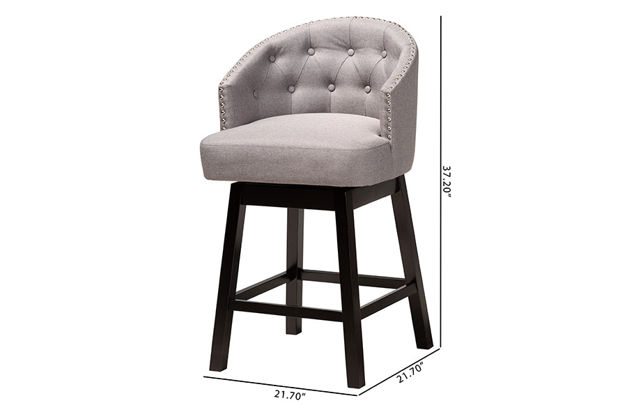Theron Mid-Century Transitional Fabric and Finished Wood 2-Piece Swivel Counter Stool Set