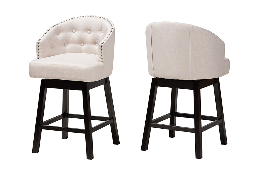 Theron Mid-Century Transitional Fabric and Finished Wood 2-Piece Swivel Counter Stool Set