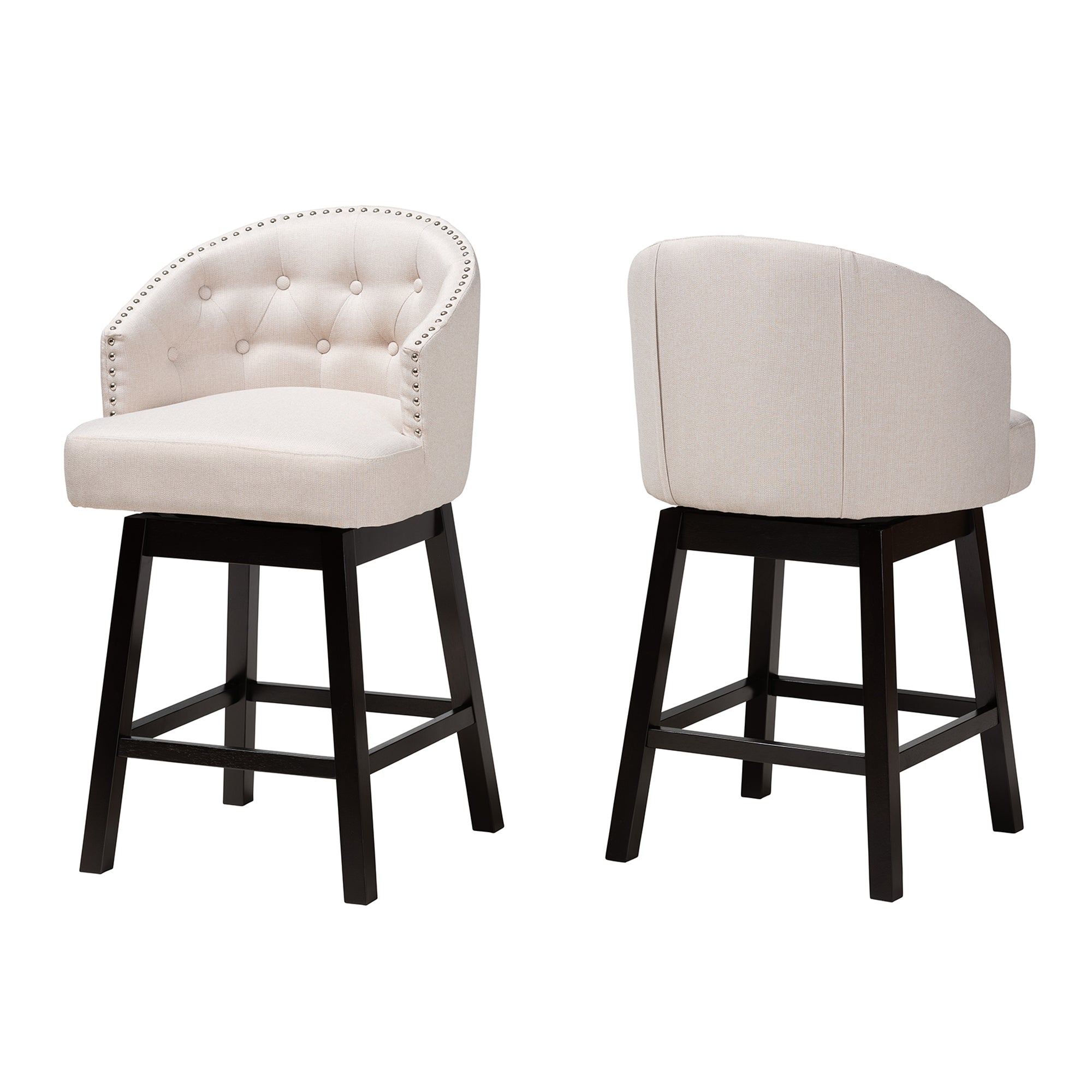 Theron Mid-Century Transitional Fabric and Finished Wood 2-Piece Swivel Counter Stool Set