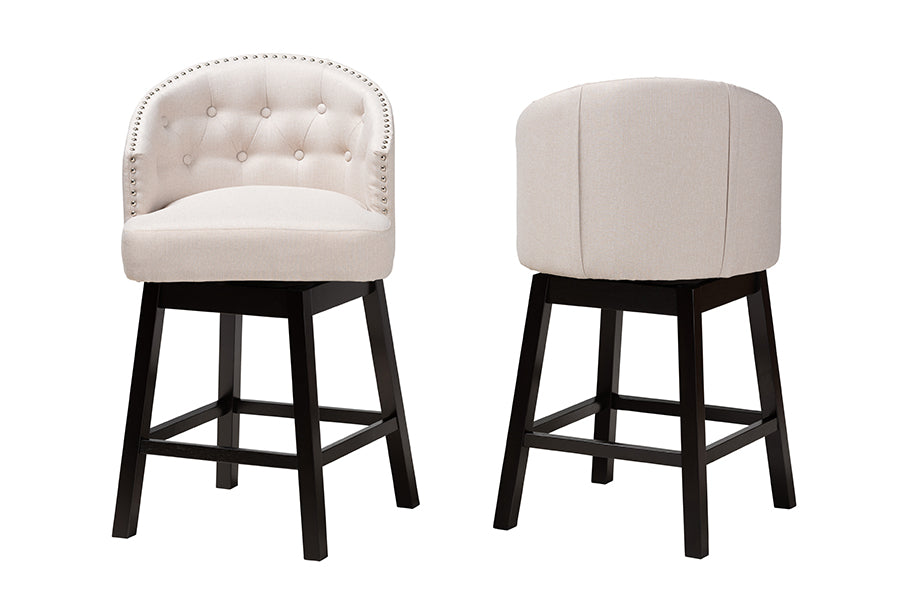 Theron Mid-Century Transitional Fabric and Finished Wood 2-Piece Swivel Counter Stool Set