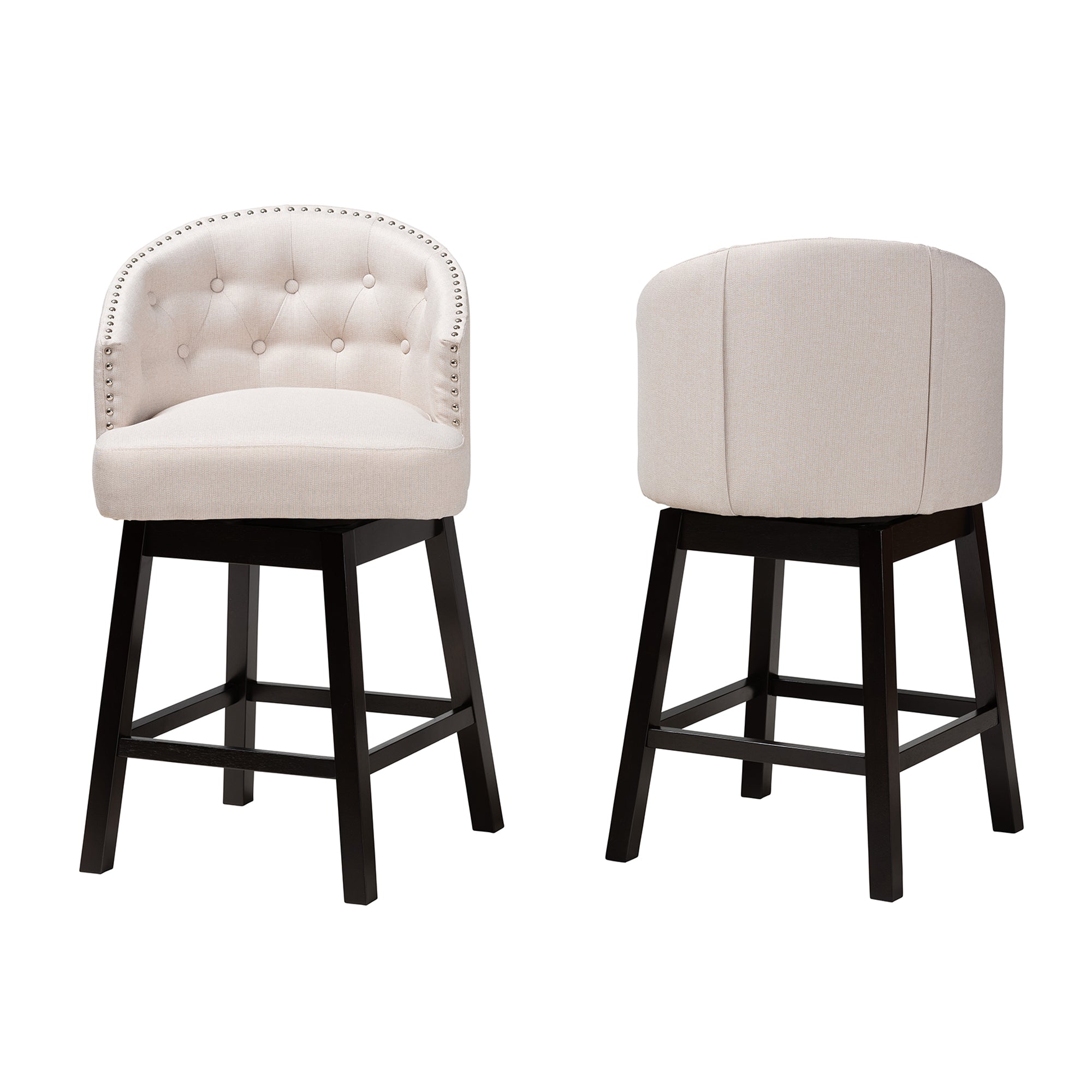 Theron Mid-Century Transitional Fabric and Finished Wood 2-Piece Swivel Counter Stool Set