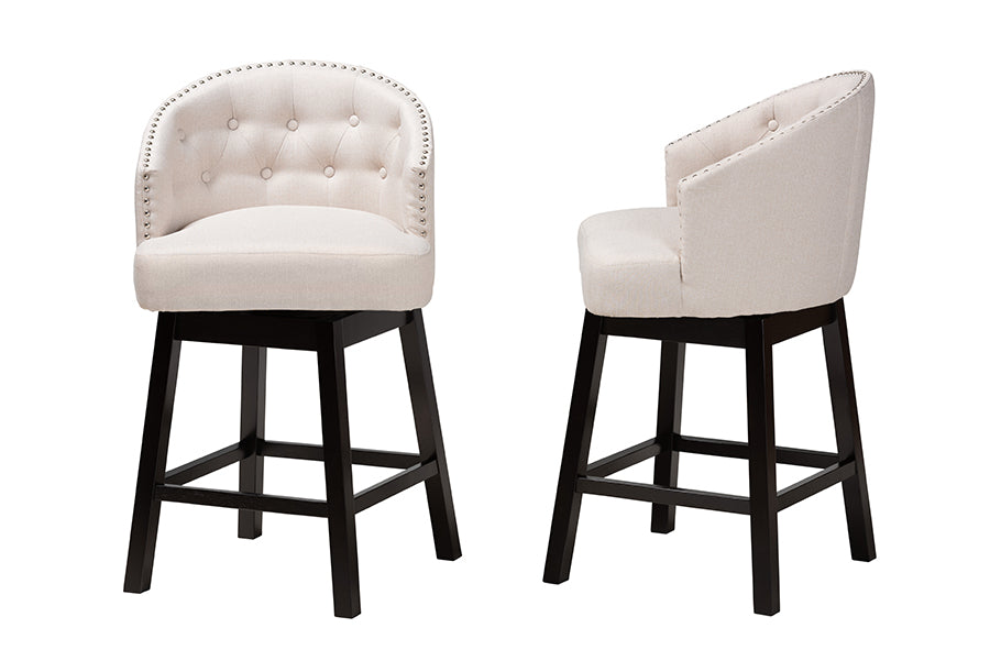 Theron Mid-Century Transitional Fabric and Finished Wood 2-Piece Swivel Counter Stool Set