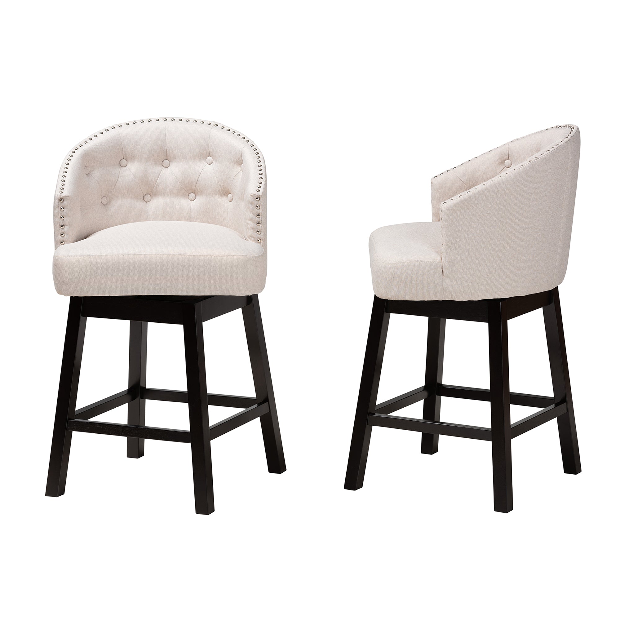 Theron Mid-Century Transitional Fabric and Finished Wood 2-Piece Swivel Counter Stool Set