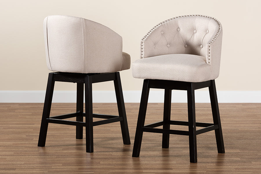 Theron Mid-Century Transitional Fabric and Finished Wood 2-Piece Swivel Counter Stool Set