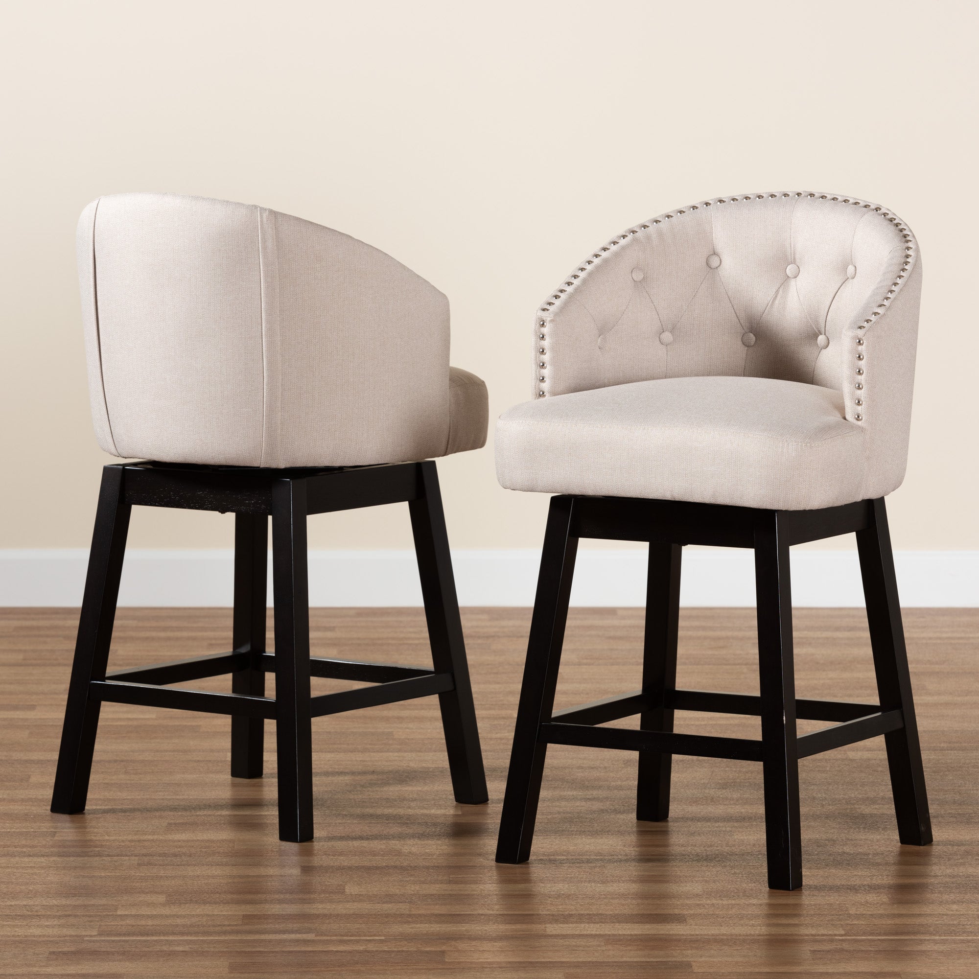 Theron Mid-Century Transitional Fabric and Finished Wood 2-Piece Swivel Counter Stool Set