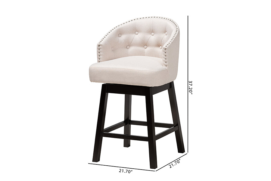Theron Mid-Century Transitional Fabric and Finished Wood 2-Piece Swivel Counter Stool Set