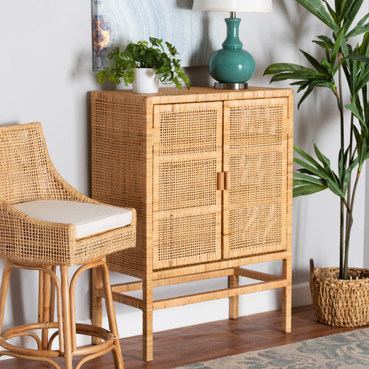 Bali & Pari Vivan Modern Bohemian Rattan and Mahogany Wood 3-Shelf Storage Cabinet