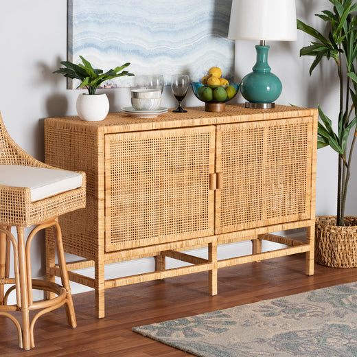 Bali & Pari Vivan Modern Bohemian Rattan and Mahogany Wood Storage Cabinet
