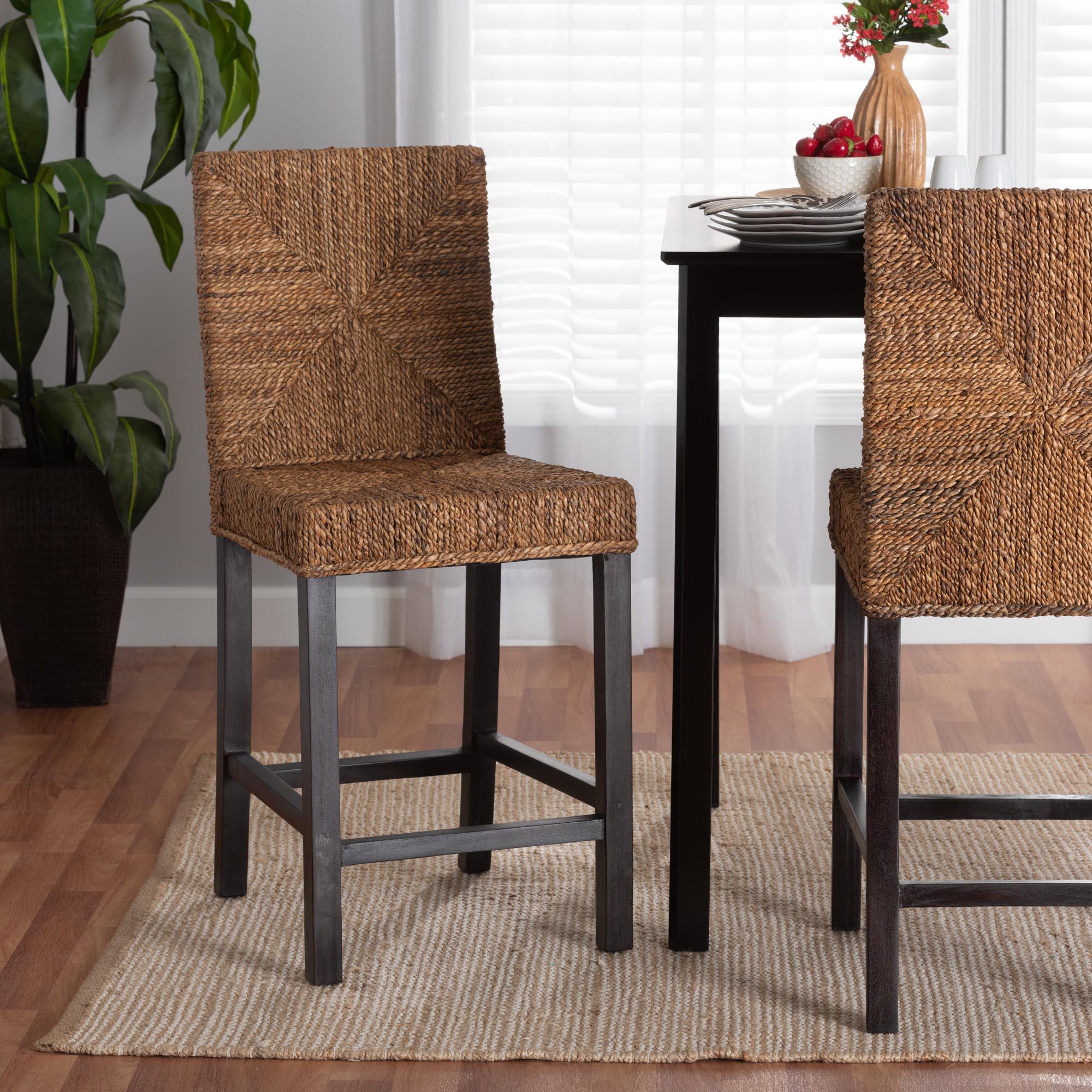 bali & pari Laymi Modern Bohemian Mahogany Wood and Seagrass Counter Stool