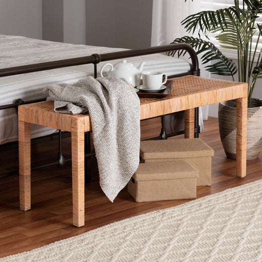 Bali & Pari Abelia Modern Bohemian Rattan and Mahogany Wood Long Accent Bench