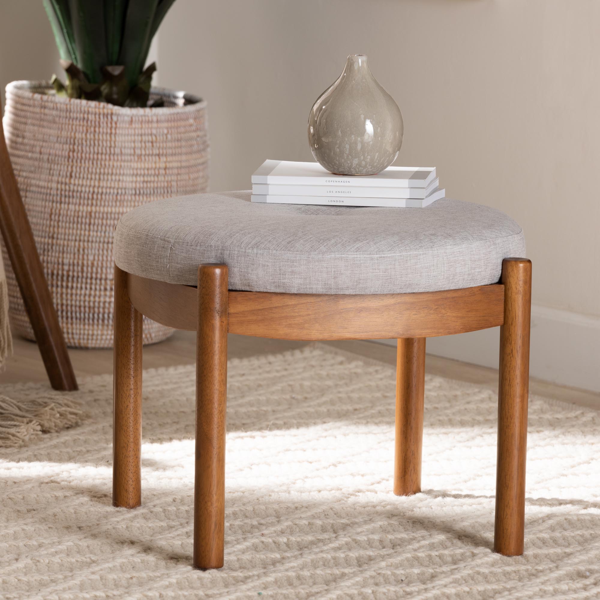 Iliana Japandi Fabric and Finished Wood Ottoman