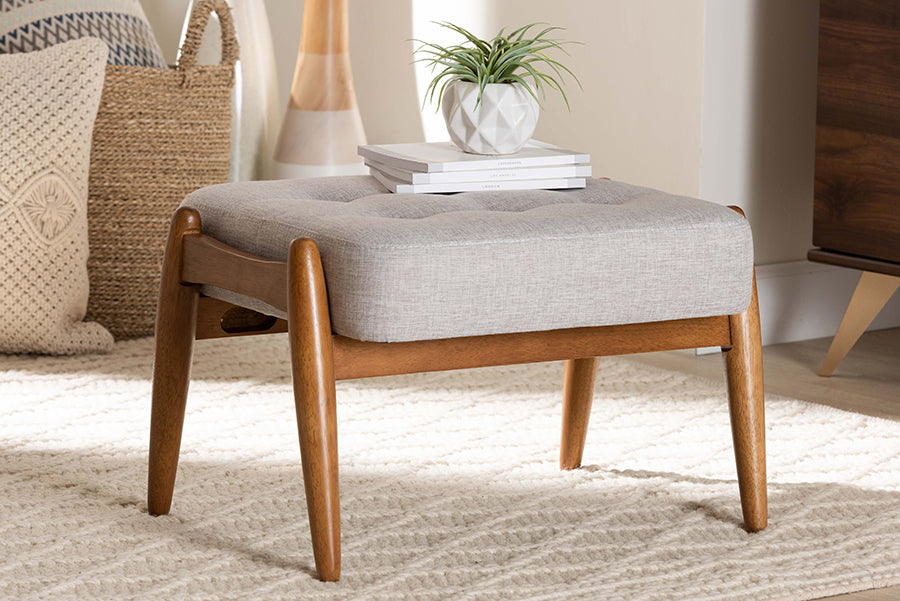 Jeanine Japandi Fabric and Finished Wood Ottoman
