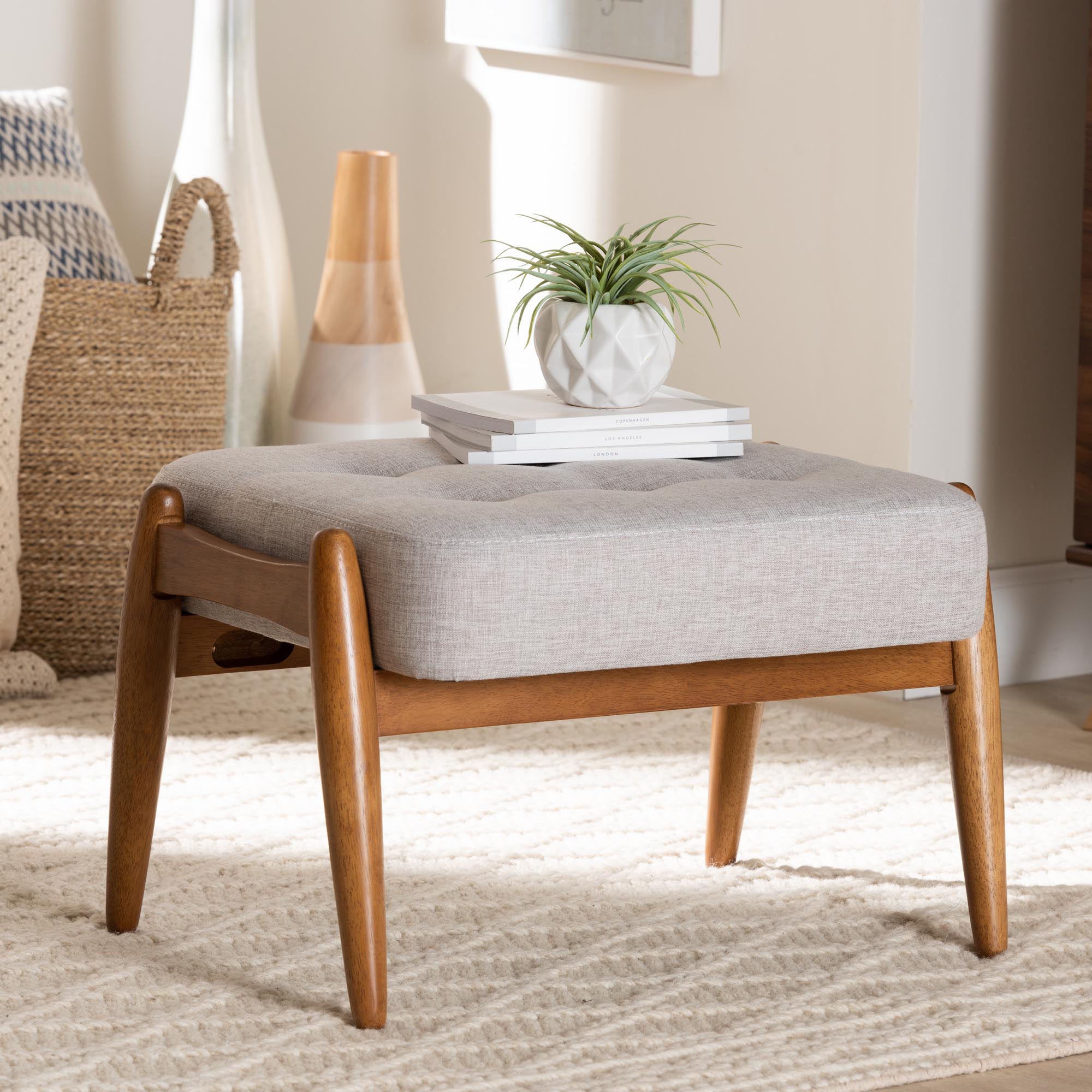 Jeanine Japandi Fabric and Finished Wood Ottoman
