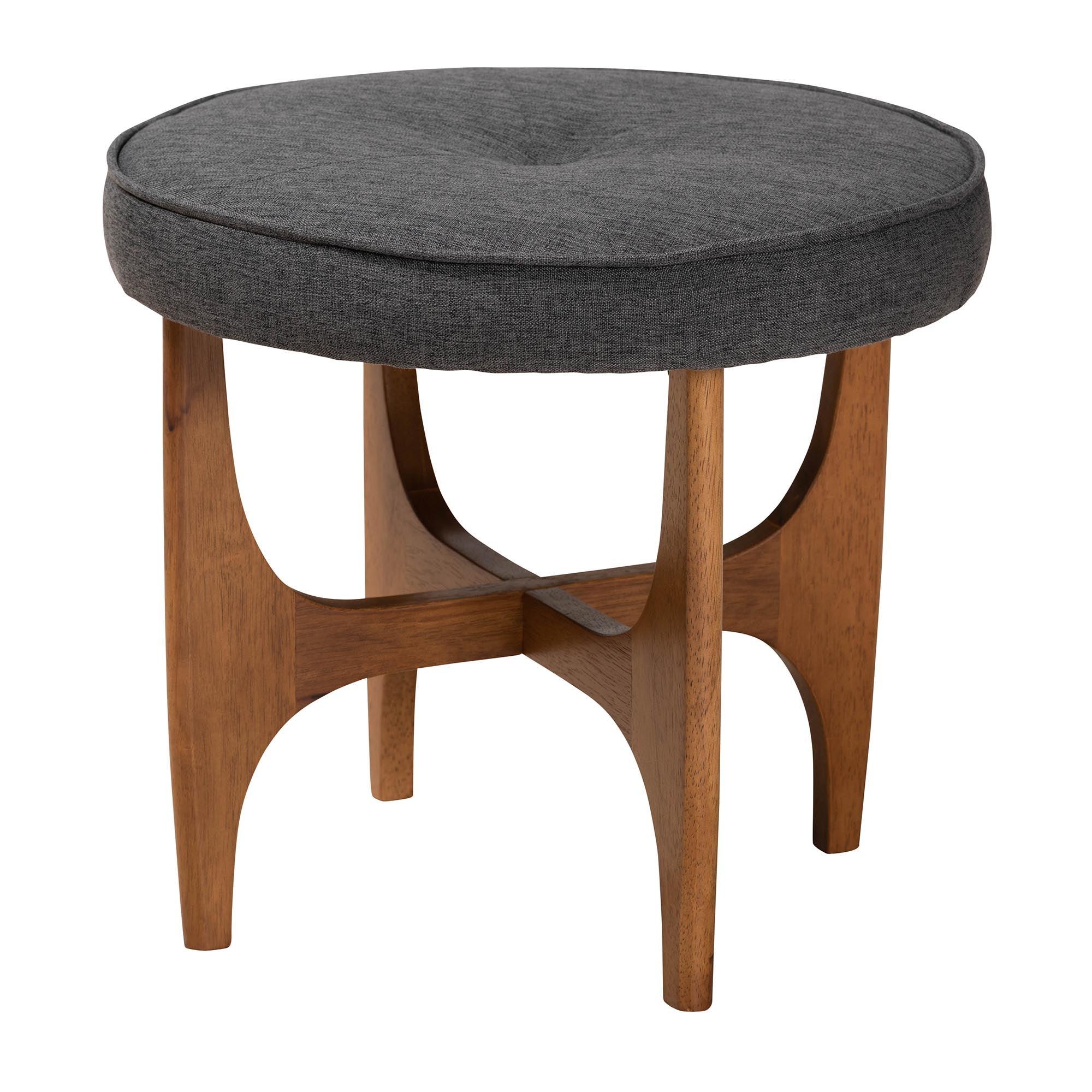Theo Japandi Dark Fabric and Finished Wood Ottoman Footstool
