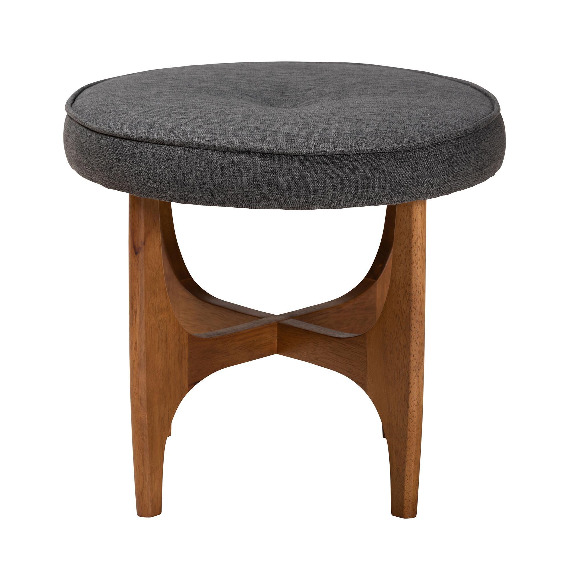 Theo Japandi Dark Fabric and Finished Wood Ottoman Footstool