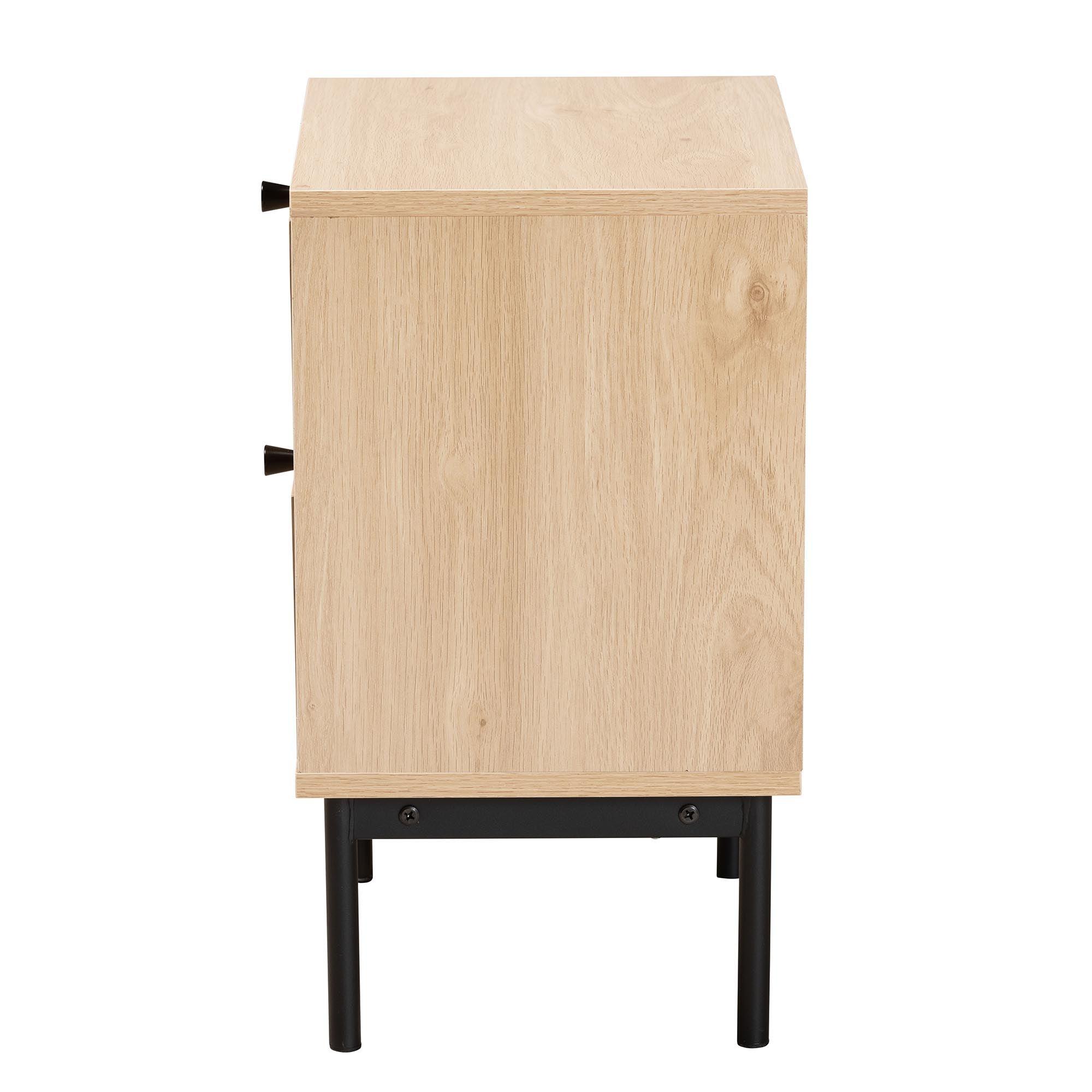 Sherwin Mid-Century Modern Light and 2-Drawer End Table with Woven Rattan Accent
