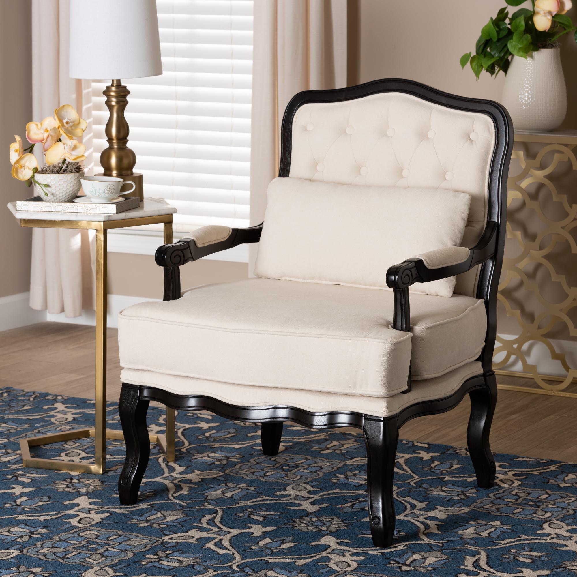 Dion Traditional French Cream Fabric and Finished Wood Accent Chair