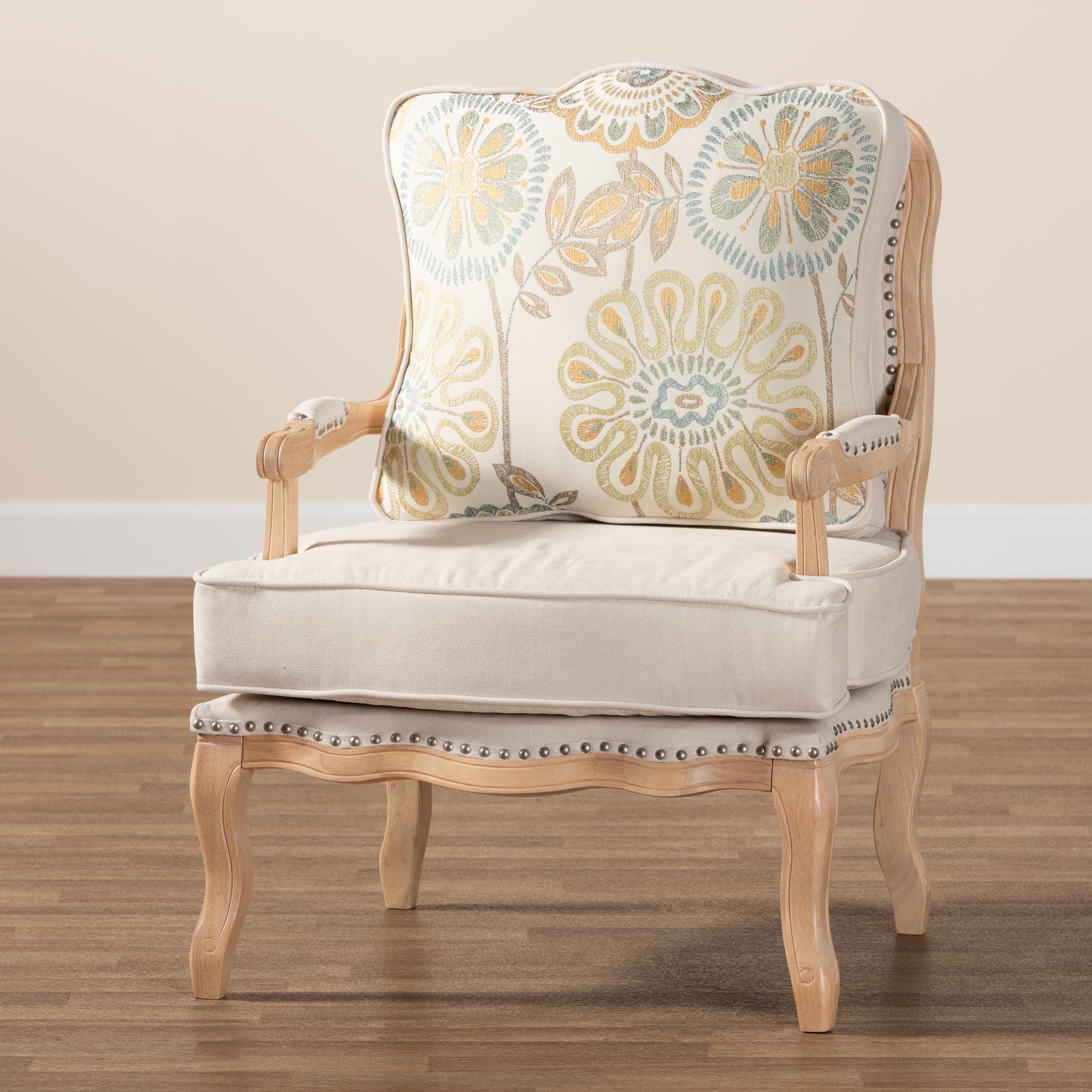 Andre Traditional French Quilted Fabric and wash Finished Wood Accent Chair