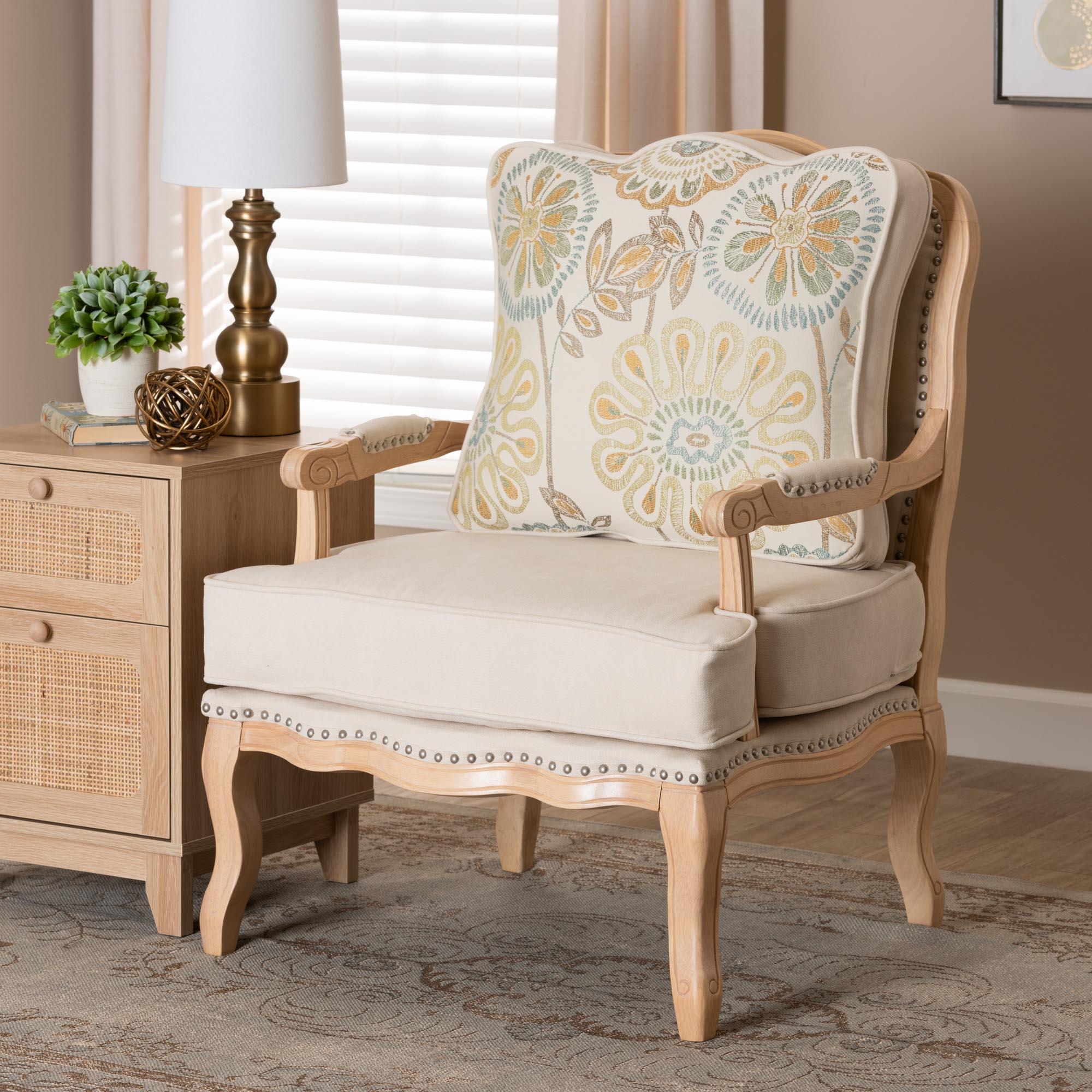 Andre Traditional French Quilted Fabric and wash Finished Wood Accent Chair