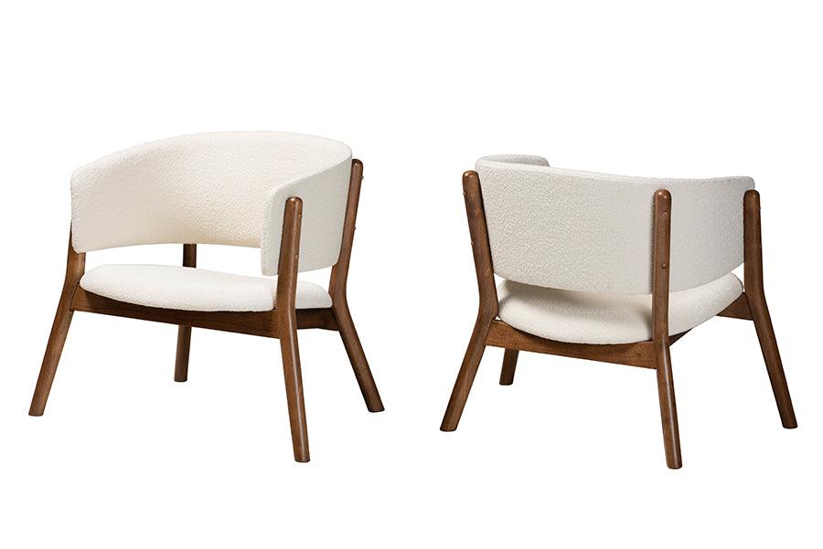 Baron Mid-Century Modern Cream Boucle Fabric Upholstered and Finished Wood 2-Piece Living Room Accent Chair Set